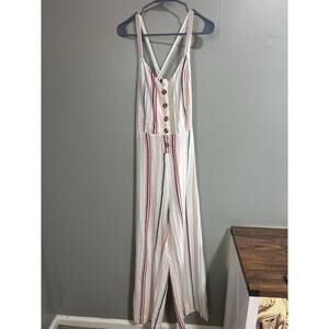 Japna Striped Cotton Jumpsuit Wide Leg Button Front Summer Jumpsuit Size L